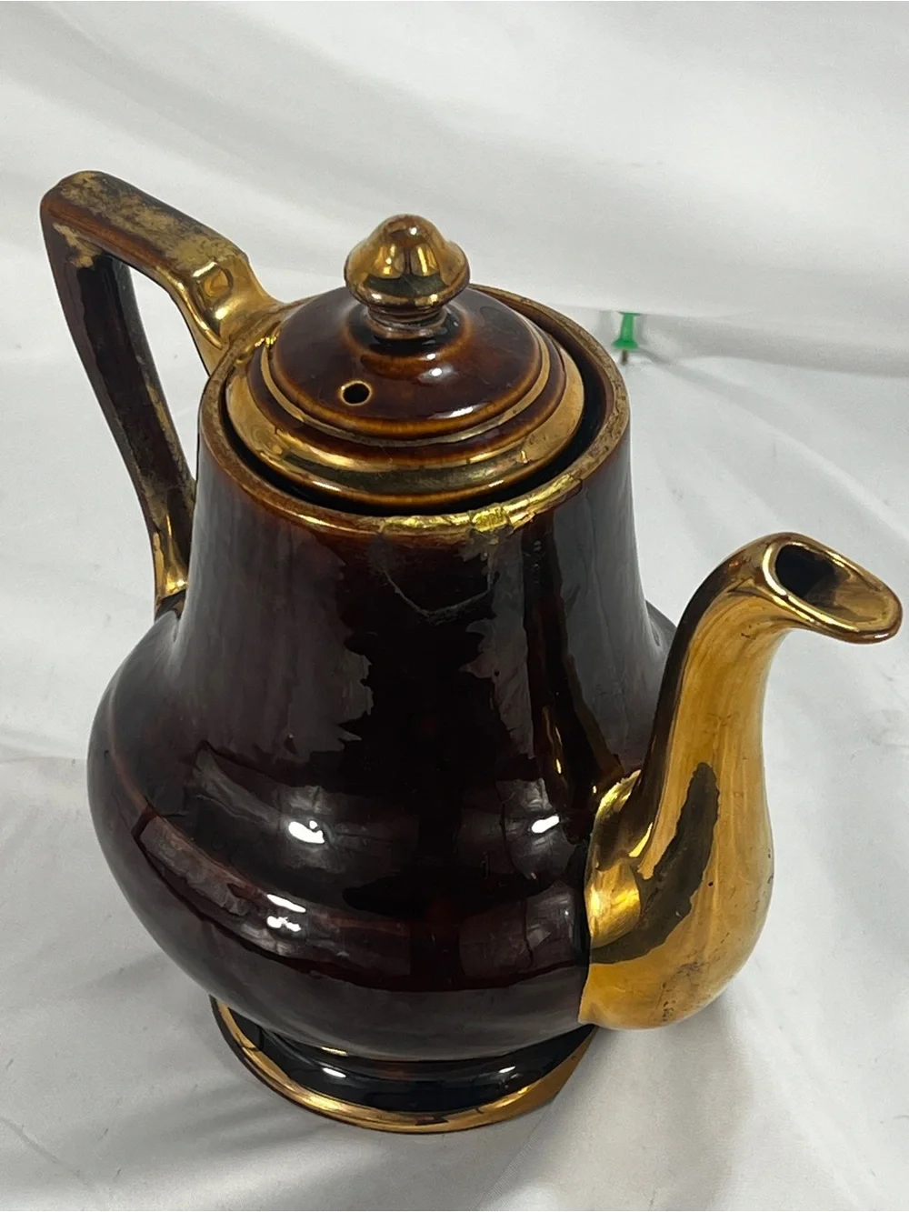 Vintage Fraunfelter Thermo-Proof Coffee Pot Brown Drip Glaze Gold Trim Repaired